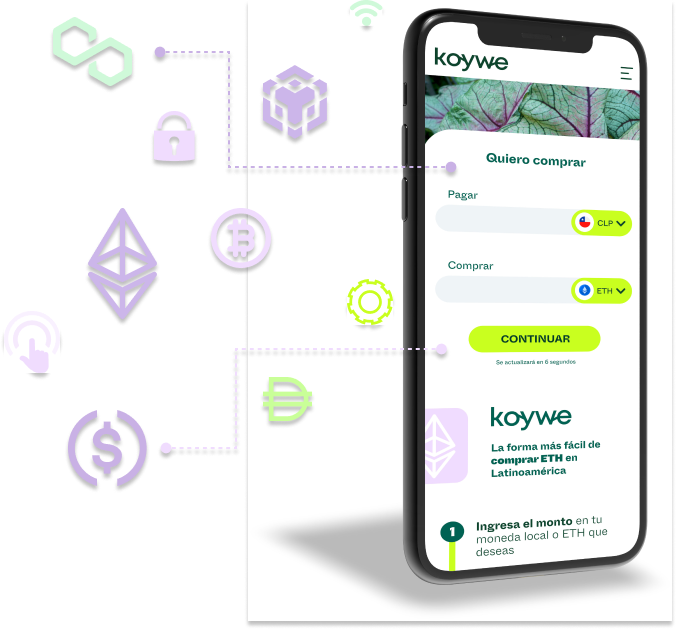 Cellphone with a screenshot of Koywe interface and token symbols